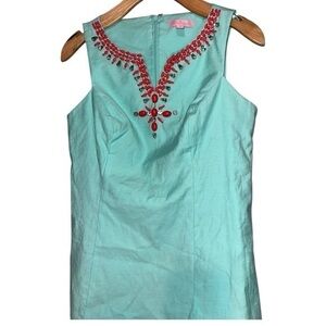 Lilly Pulitzer Sz 2 Turquoise Blue Coral Rhinestone Embellished Jackie Tank Top